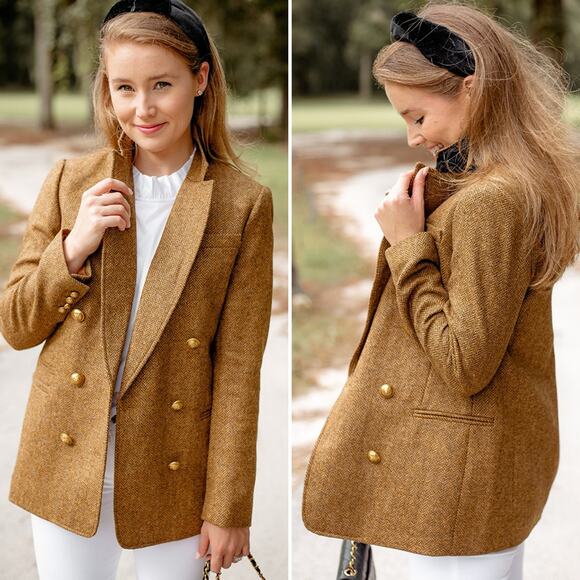 J.Crew Bristol Double Breasted Wool Herringbone Blazer Jacket Brown Size 4 - Picture 2 of 11